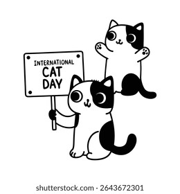 Adorable vector illustration of baby cats in chibi style with big eyes, holding signs for International Cat Day. Perfect for posters, cards, and cute pet-themed designs.