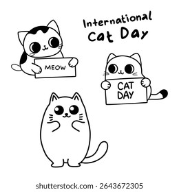 Adorable vector illustration of baby cats in chibi style with big eyes, holding signs for International Cat Day. Perfect for posters, cards, and cute pet-themed designs.
