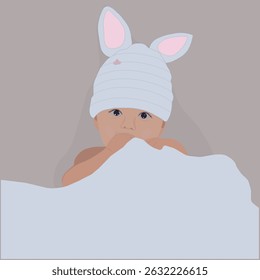 Adorable vector illustration of a baby wearing a bunny-eared hat, lying under a blanket. Soft color palette, calm mood, and minimalistic style. Ideal for parenting themes, baby care, nursery decor.