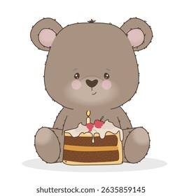 Adorable vector illustration of a bear holding a birthday cake with a lit candle and a cherry. Perfect for kids parties, invitations and birthday themes.