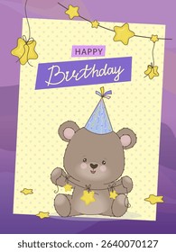 Adorable vector illustration of a bear wearing a party hat, holding star decorations. Perfect for birthday cards and celebrations with a cute, festive theme.
