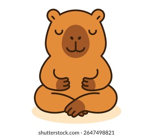 Adorável ilustração vetorial de uma capivara calma sentada em uma pose de meditação com olhos fechados. Perfeito para atenção plena, bem-estar, saúde mental e conceitos de relaxamento.