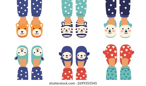 Uma ilustração vetorial adorável capturando vários pares de pés em pijamas acolhedores e uma coleção encantadora de chinelos de animais bonitos, incorporando conforto e calor.