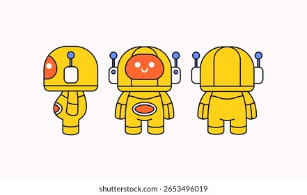 Ilustração vetorial adorável de um personagem de desenho animado robô terno laranja amarelo mostrado de frente, lado e vista de trás para ativos de jogo, design de personagem, ou com tema de ficção científica 