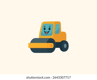 Adorable vector illustration of a cartoon road roller with a smiling face. Perfect for children’s books, preschool education, games, and construction-themed learning materials.