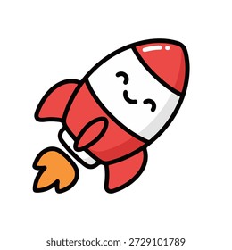 An adorable vector illustration of a cartoon rocket ship blasting off into space. The design features a chubby, red and white spacecraft with a happy smiling face and flames shooting from the boosters. This fun and whimsical flat line-art icon is perfect for children's book illustrations, nursery room decor, education apps, and startup business launch concepts. The playful style and bright colors make it a friendly and engaging visual for projects related to space travel, dreams, ambition, and exploration.