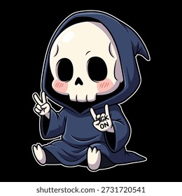 Adorable Ilustración vectorial de un cráneo de dibujos animados con un traje de segador, haciendo un signo de paz con una expresión amistosa.