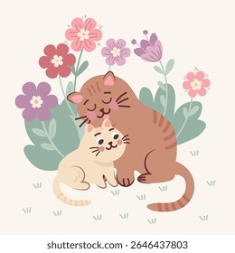 Adorable vector illustration of a cat hugging a kitten surrounded by flowers. Tender animal scene perfect for nursery decor, Mother's Day designs, children's books, and greeting cards.