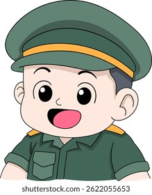 Adorable vector illustration of a cheerful baby dressed in a green military uniform, blending cuteness with patriotic themes.