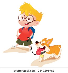 Ilustração vetorial adorável de um menino loiro alegre em óculos, vestindo uma camisa vermelha e shorts verdes, caminhando alegremente seu cão corgi excitado em uma coleira. 
