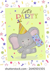 Adorable vector illustration of a cheerful elephant wearing a party hat and holding a wrapped gift. Surrounded by colorful stars and confetti, perfect for celebrations and invitations.