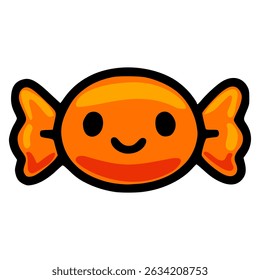 Adorable vector illustration of a cheerful orange candy with a smiling face, perfect for Halloween or sweet treats designs.