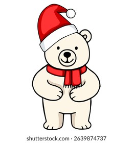 Adorable vector illustration of a cheerful polar bear wearing a Santa hat and red scarf, perfect for Christmas cards or winter-themed designs.