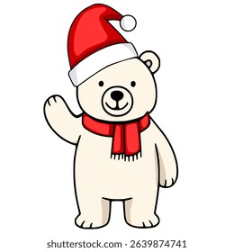 Adorable vector illustration of a cheerful polar bear wearing a Santa hat and red scarf, waving hello, perfect for festive designs.
