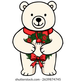 Adorable vector illustration of a cheerful polar bear wearing a red scarf and holding a Christmas wreath, perfect for festive designs.