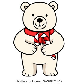Adorable vector illustration of a cheerful polar bear wearing a red scarf and holding a candy cane, perfect for winter holiday designs.