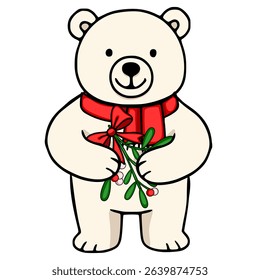 Adorable vector illustration of a cheerful polar bear wearing a red scarf and holding a sprig of mistletoe, perfect for festive designs.