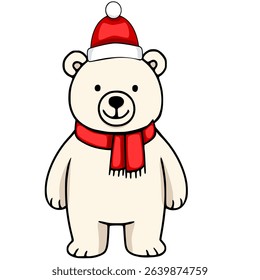 Adorable vector illustration of a cheerful polar bear wearing a Santa hat and a red scarf, perfect for Christmas cards or winter-themed designs.