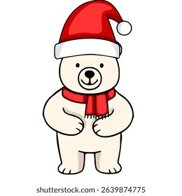 Adorable vector illustration of a cheerful polar bear wearing a Santa hat and a red scarf, perfect for Christmas cards and festive designs.