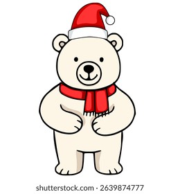 Adorable vector illustration of a cheerful polar bear wearing a Santa hat and a red scarf, perfect for Christmas cards or winter-themed designs.