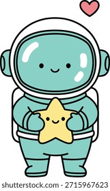 Adorable vector illustration of a chibi astronaut holding a happy star. Minimalist kawaii space explorer character perfect for children stickers, nursery art, and cards.

