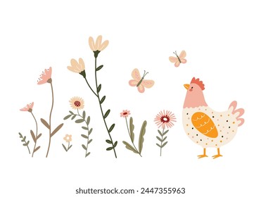 Adorable vector illustration of a chicken among spring flowers and butterflies on a white background