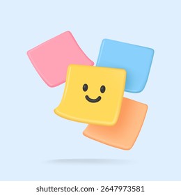 Adorable vector illustration of colorful sticky notes, one with a smiling face, floating playfully on a light blue background.
