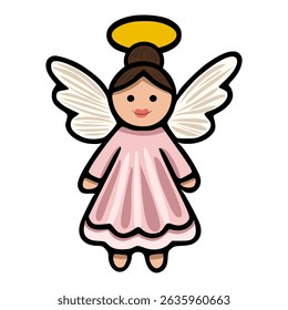 Adorable vector illustration of a cute angel girl with pink dress and beige wings, perfect for Christmas cards or childrens book illustrations.