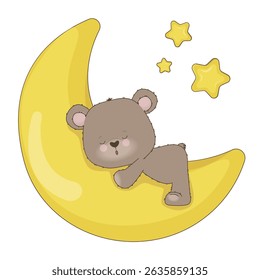 Adorável ilustração vetorial de um urso bonito dormindo pacificamente em uma lua crescente cercada por estrelas. Perfeito para crianças projetos e temas de sono, transmitindo calma e calor.
