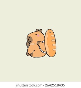 Adorable vector illustration of a cute capybara carrying a charming bread bag. This delightful design features a friendly capybara holding a baguette-filled tote, perfect for bakery, animal, or kawaii