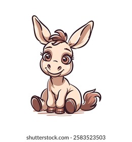 Adorable vector illustration of a cute cartoon donkey sitting on the floor. Perfect for children books, educational materials, or playful designs. Bright and cheerful style