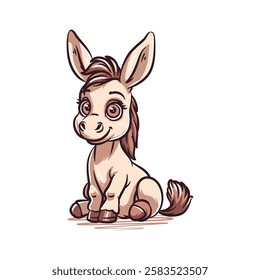 Adorable vector illustration of a cute cartoon donkey sitting on the floor. Perfect for children books, educational materials, or playful designs. Bright and cheerful style