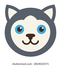 Adorable vector illustration of a cute husky dog face with bright blue eyes, gray fur, and a friendly expression, isolated on white.