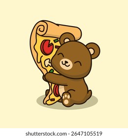 Adorável ilustração vetorial de um pequeno urso bonito abraçando uma fatia gigante de pizza deliciosa.