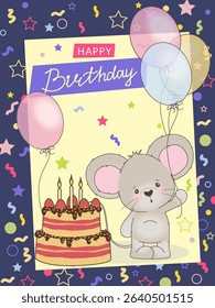 Adorable vector illustration of a cute mouse holding balloons beside a colorful birthday cake with candles. Festive elements include stars and confetti, creating a playful celebration scene.