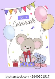 Adorable vector illustration of a cute mouse surrounded by balloons and gifts with a festive Let s Celebrate banner. Perfect for children s parties, invitations, or festive themes.