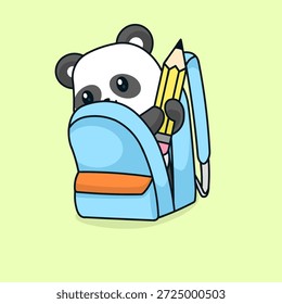 Adorable Ilustración vectorial de un panda lindo tirando de un lápiz gigante de una mochila azul.