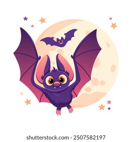 Adorable vector illustration of a cute purple bat flying in front of a full moon. Perfect for Halloween-themed designs