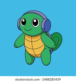 Adorable vector illustration of a cute turtle listening to music with headphones. Perfect for designs, posters, prints, and digital art. Ideal for adding a playful touch to any project