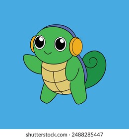 Adorable vector illustration of a cute turtle listening to music with headphones. Perfect for designs, posters, prints, and digital art. Ideal for adding a playful touch to any project
