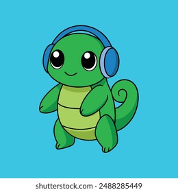 Adorable vector illustration of a cute turtle listening to music with headphones. Perfect for designs, posters, prints, and digital art. Ideal for adding a playful touch to any project