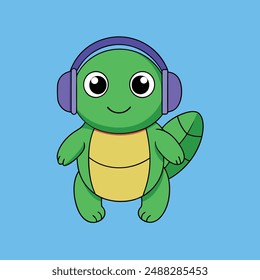 Adorable vector illustration of a cute turtle listening to music with headphones. Perfect for designs, posters, prints, and digital art. Ideal for adding a playful touch to any project