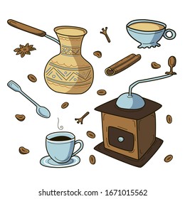 adorable vector Illustration in doodle style. hand drawing Set of coffee elements on white backdrop. tea cup with spoon, old-fashioned turkish cezve, coffee grinder, savory winter spices, coffee beans