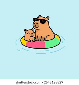 Adorável ilustração vetorial de um pai capibara e seu filho desfrutando de um relaxante nado em anéis flutuantes coloridos, perfeito para o verão e temas familiares.