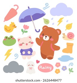 An adorable vector illustration features adorable kawaii animals including a bear, cat, frog, and snail playing in rainy weather. Surrounded by clouds, lightning, umbrellas, boots and flowers.