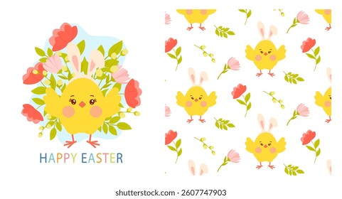 Adorable vector illustration featuring a cheerful yellow chick with bunny ears surrounded by colorful flowers. Perfect for Easter designs and festive celebrations.