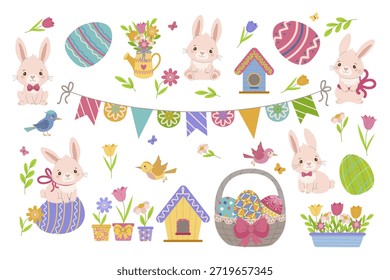 Adorable vector illustration featuring playful bunnies, colorful Easter eggs, and festive spring decorations. Perfect for celebrating Easter with cheerful and whimsical designs.