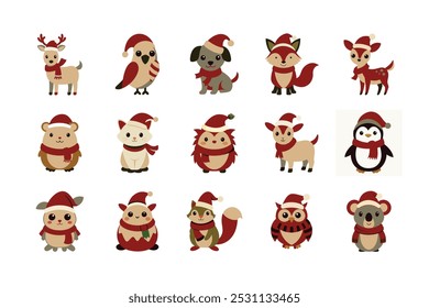 Adorable vector illustration featuring a set of cute animals dressed in Christmas costumes, perfect for holiday-themed designs, greeting cards, and festive branding.