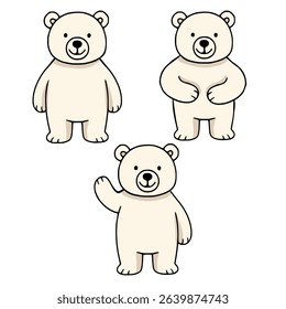 Adorable vector illustration featuring three unique poses of a cartoon polar bear, perfect for childrens books, greeting cards, or playful designs.