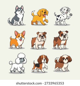 Ilustração vetorial adorável com várias raças de cães populares em um estilo de desenho animado encantador.